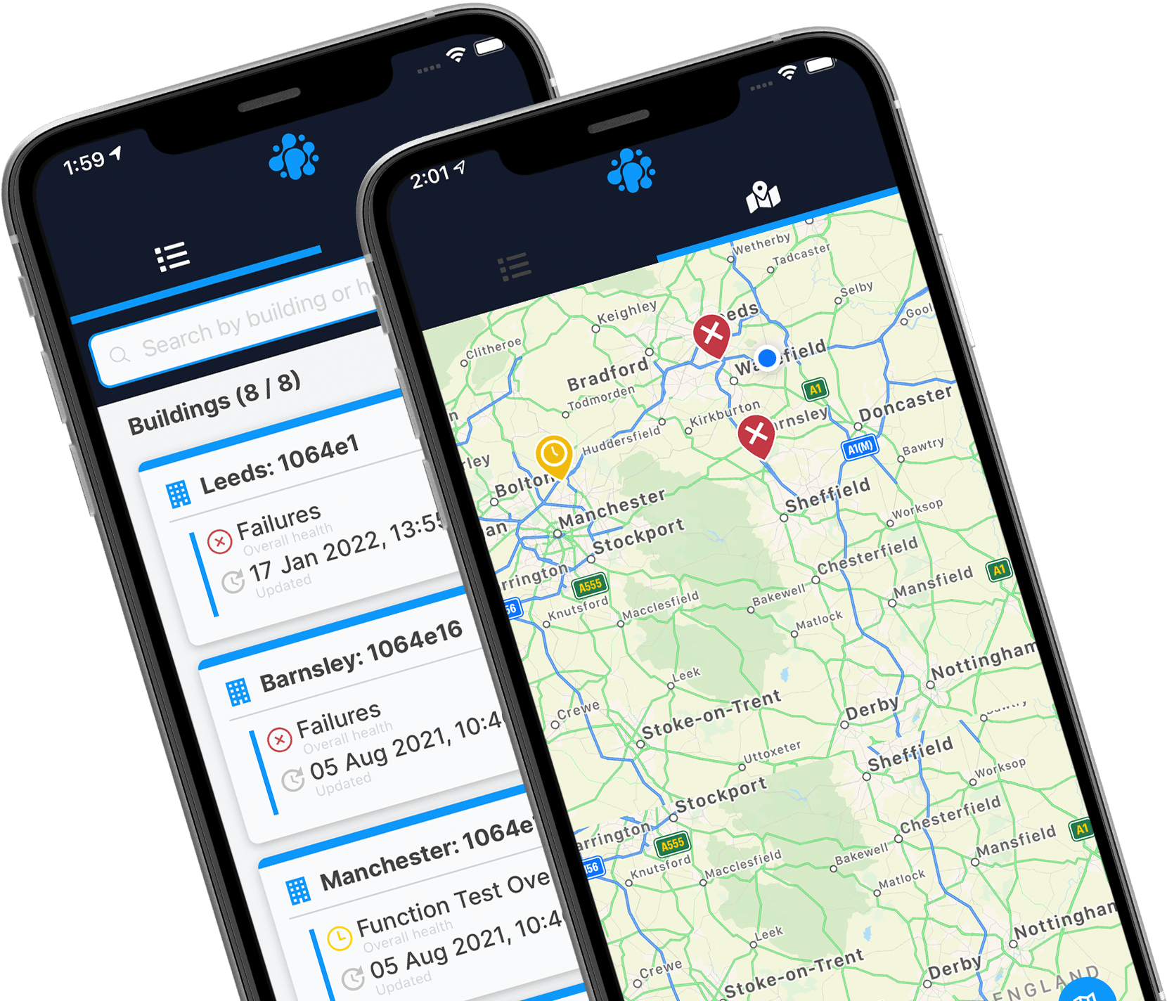 Image of two mobile devices showing pushfusion app. The one on the left is showing building list and the on the right is showing the same list but on a digital map.