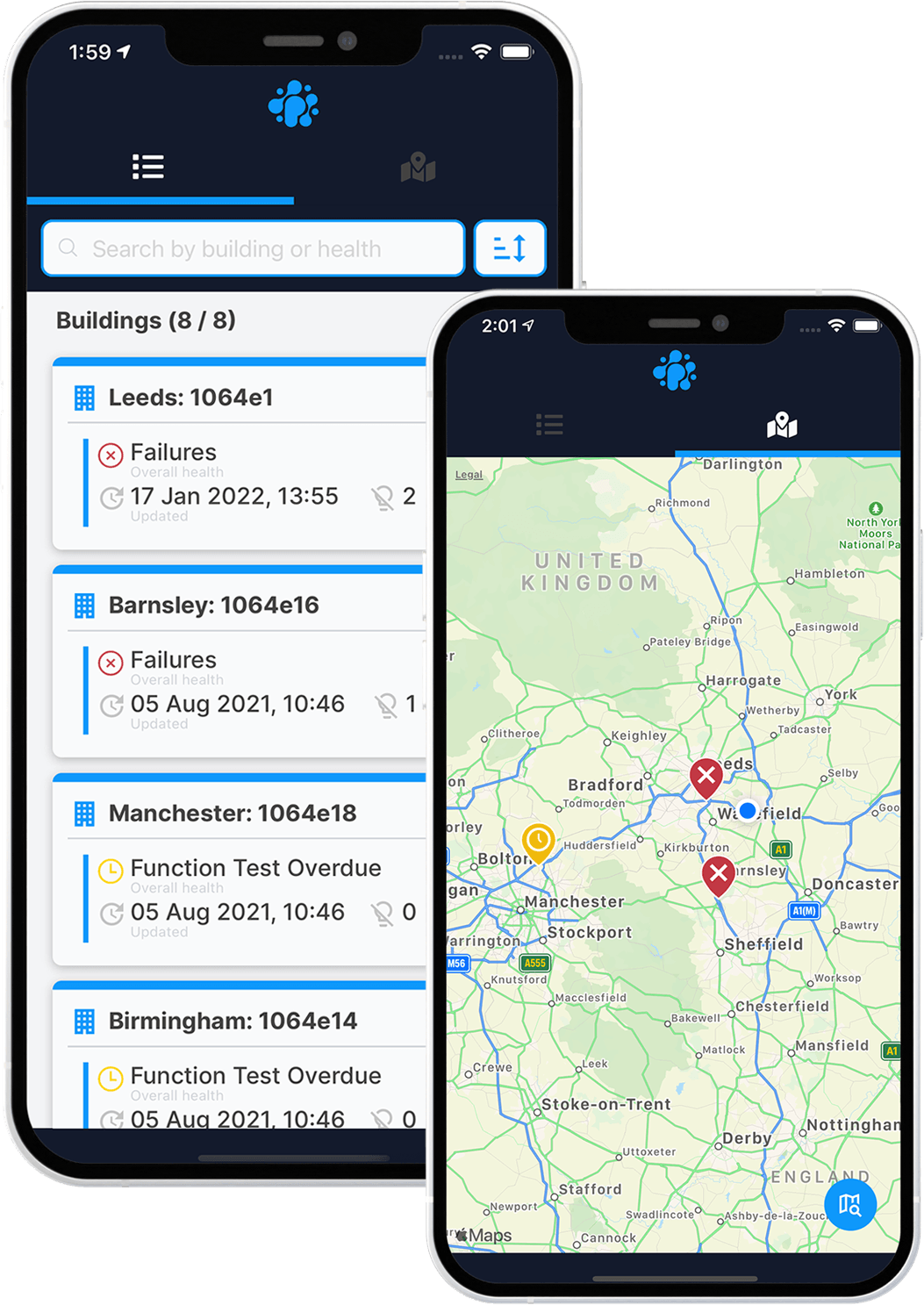 Image of two mobile devices showing pushfusion app in a vertical position. The one on the left is showing building list and the on the right is showing the same list but on a digital map.
