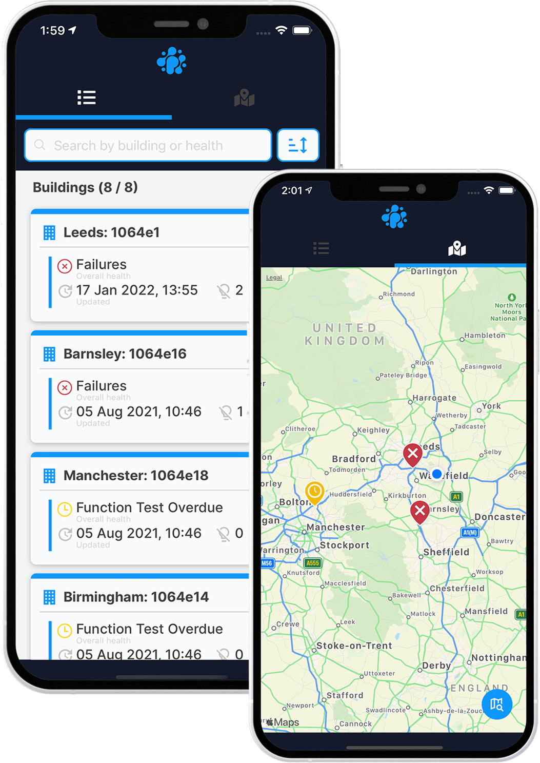 Image of two mobile devices showing pushfusion app in a vertical position. The one on the left is showing building list and the on the right is showing the same list but on a digital map.