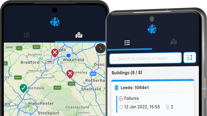 2 mobile screens showing how pushfusion app can display building locations, on a map or a list view.